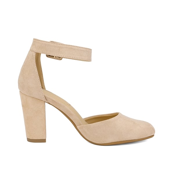 Round Toe Chunky Heel Pumps - NUDE SUEDE - 1